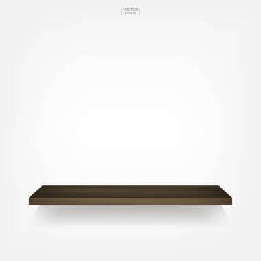 Beyaz arka planda, yumuşak gölgeli boş ahşap bir raf. Vektör illüstrasyonu.