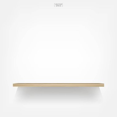 Beyaz arka planda, yumuşak gölgeli boş ahşap bir raf. Vektör illüstrasyonu.