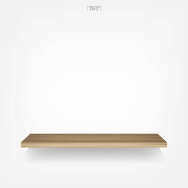 Beyaz arka planda, yumuşak gölgeli boş ahşap bir raf. Vektör illüstrasyonu.