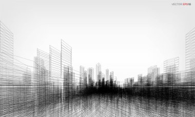 Kablo çerçeveli şehir arka planı. Kablo çerçevesinin 3 boyutlu perspektifi. Vektör illüstrasyonu.