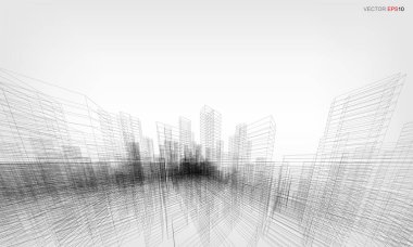 Kablo çerçeveli şehir arka planı. Kablo çerçevesinin 3 boyutlu perspektifi. Vektör illüstrasyonu.