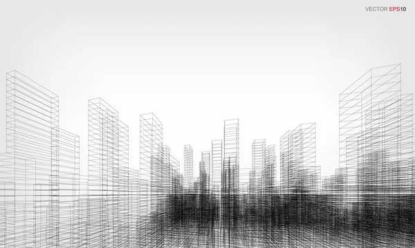 Fondo Ciudad Wireframe Perspectiva Renderizado Construcción Wireframe Ilustración Vectorial — Vector de stock