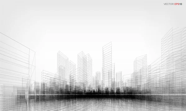 Проводной Каркас Города Перспектива Рендеринга Здания Wireframe Векторная Иллюстрация — стоковый вектор