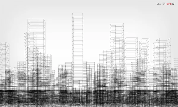 Проводной Каркас Города Перспектива Рендеринга Здания Wireframe Векторная Иллюстрация — стоковый вектор