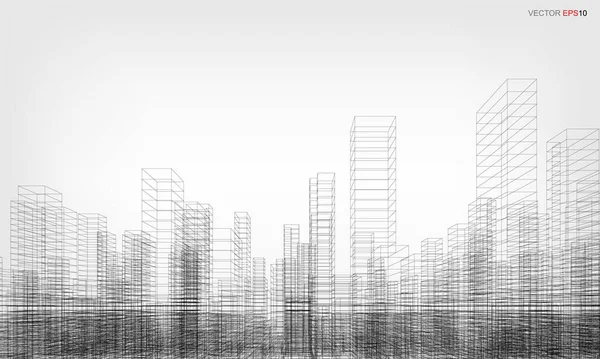 Fondo Ciudad Wireframe Perspectiva Renderizado Construcción Wireframe Ilustración Vectorial — Vector de stock