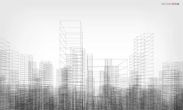 Sfondo Della Città Wireframe Rendering Prospettico Del Wireframe Costruzione Illustrazione — Vettoriale Stock