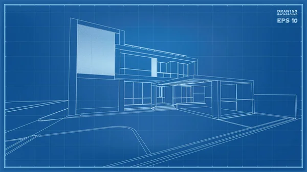 蓝图透视 热带房屋线框的3D渲染 房屋建造理念的矢量图解 — 图库矢量图片