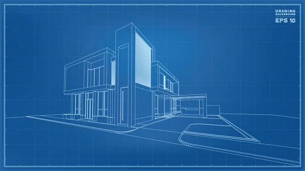 蓝图透视 热带房屋线框的3D渲染 房屋建造理念的矢量图解 — 图库矢量图片