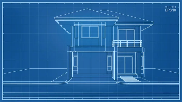 Perspektiva Drátový Rám Exteriéru Domu Vektorová Ilustrace — Stockový vektor