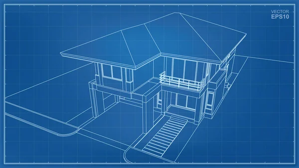 房屋外部的3D视点线框 矢量说明 — 图库矢量图片