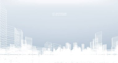 Soyut kablo şeması şehir arka planı. Kablo çerçevesinin 3 boyutlu perspektifi. Vektör illüstrasyonu.