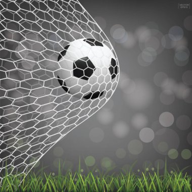 Yeşil çimenlikte futbol topu, arka planı bulanık. Vektör illüstrasyonu.