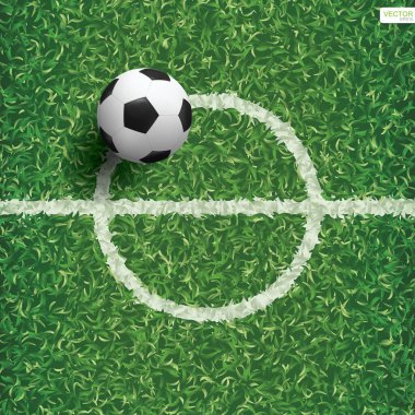 Futbol topu yeşil çimlerde ve orta çizgide. Vektör illüstrasyonu.