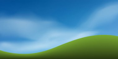 Yeşil çimen tepesi ya da mavi gökyüzü olan dağ. Soyut arka plan parkı ve peyzaj tasarımı fikri için açık hava. Vektör illüstrasyonu.