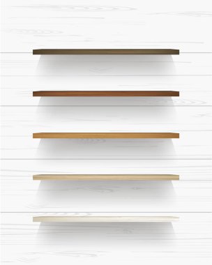 Ahşap raf beyaz ahşap duvarda arka planda yumuşak gölgeli. Vektör illüstrasyonu.
