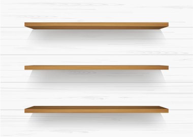 Ahşap raf beyaz ahşap duvarda arka planda yumuşak gölgeli. Vektör illüstrasyonu.