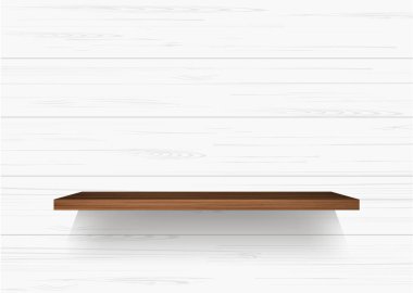 Ahşap raf beyaz ahşap duvarda arka planda yumuşak gölgeli. Vektör illüstrasyonu.