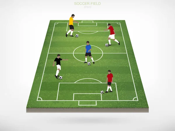 Jugador Fútbol Balón Fútbol Área Campo Fútbol Con Fondo Blanco — Vector de stock