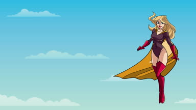 Gökyüzü arka plan kopya alanı için karşı görevi sırasında yolculuk ederken sarı pelerin giyiyor kararlı ve güçlü superheroine animasyon döngü.