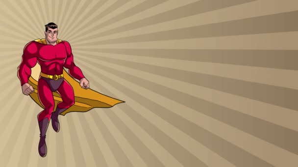 Супергерой, летящий на световом фоне — стоковое видео