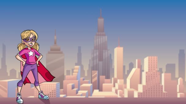 Little Super Girl City Background — Stock Video