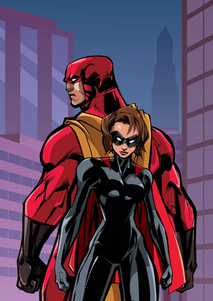 Superhero Couple Standing Back Back City Background — Stock Vector