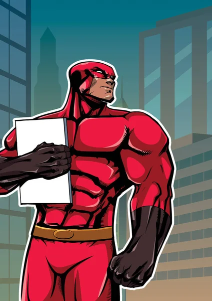 Superhero Holding Livro na Cidade Vertical — Vetor de Stock