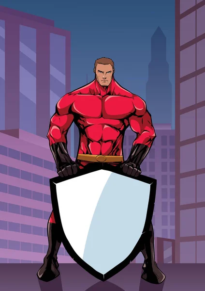 Superhero trzymając tarczę w pionie City — Wektor stockowy