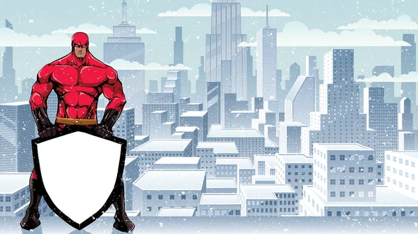Superhéroe sosteniendo escudo en Winter City — Vector de stock