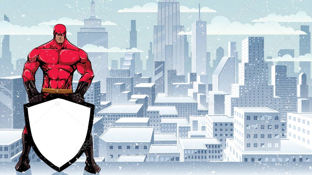 Superhero Holding Shield on Winter City