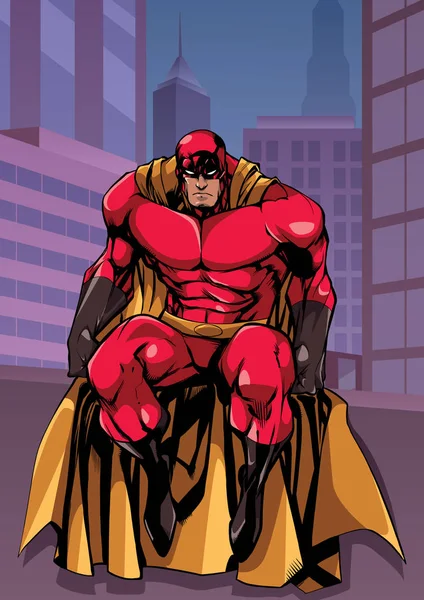 市では座っているスーパー ヒーロー — ストックベクタ
