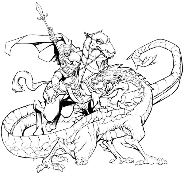 Saint George Tuer le Dragon Line Art — Image vectorielle