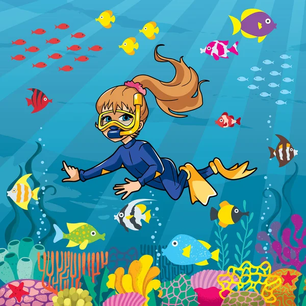 海底ダイバーの女の子 — ストックベクタ