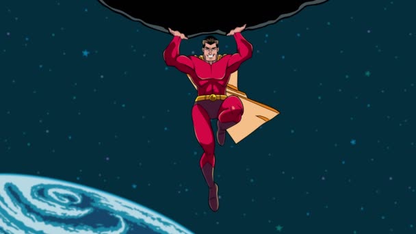 Superhéroe sosteniendo roca en el espacio — Vídeos de Stock