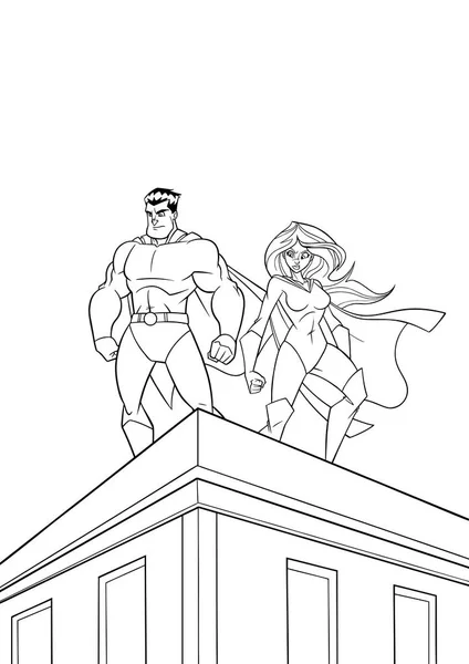 Superhero Couple Roof Watch Line Art — Stock Illustration Superhero Couple Roof Watch Line Art Stock Illustration