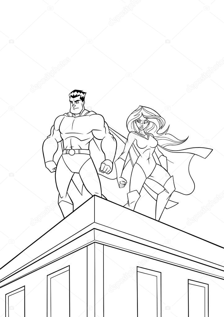 Superhero Couple Roof Watch Line Art