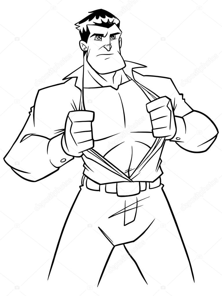Line art illustration of businessman revealing his true identity of powerful superhero.