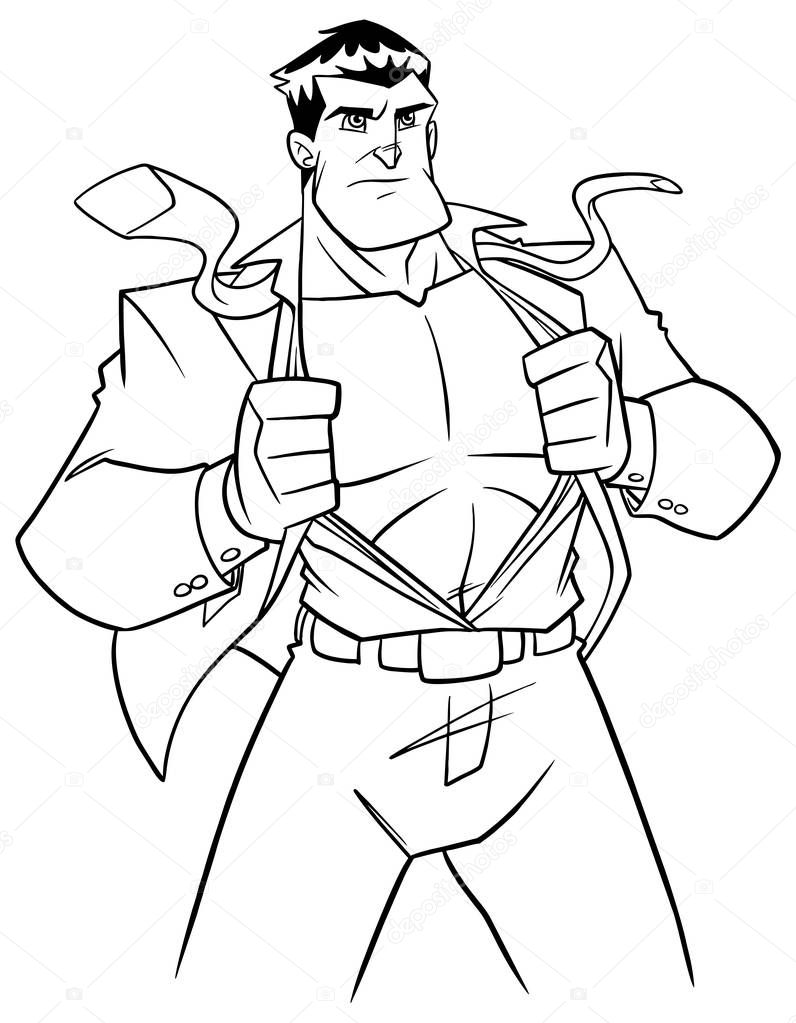 Line art illustration of businessman revealing his true identity of powerful superhero.