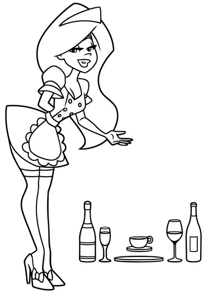 Maid Serving Drinks Line Art — Stock Vector