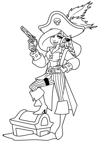 Pirat dziewczyna ilustracja linia Art — Wektor stockowy