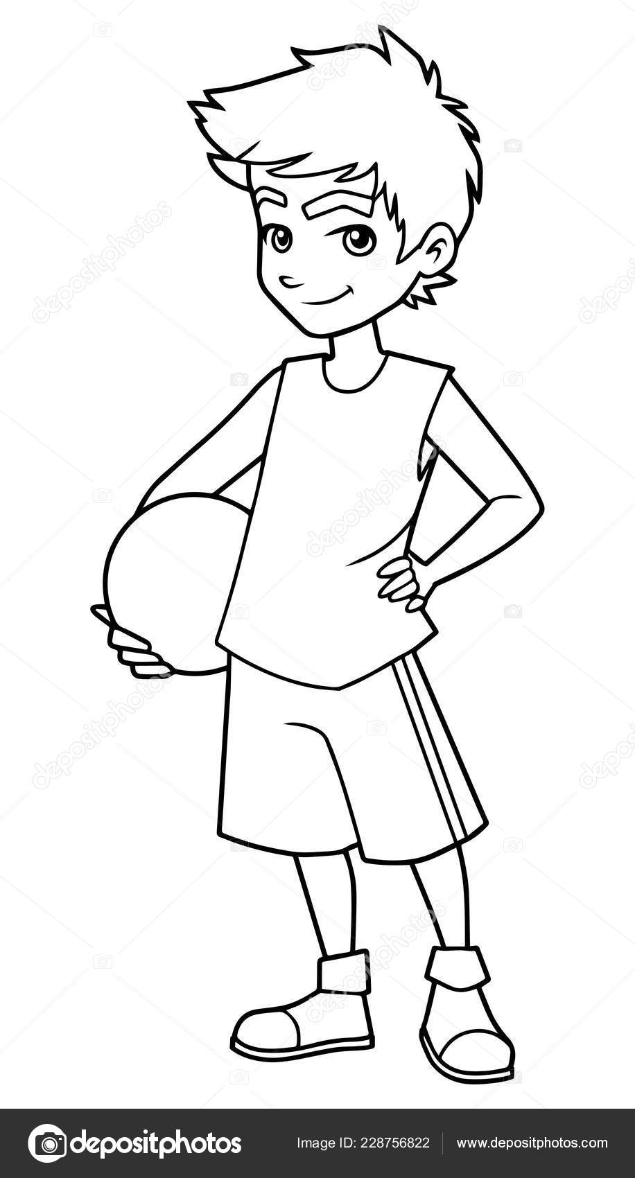 Clipart Black Summer Boys Dress Basketball Boy On White Line Art