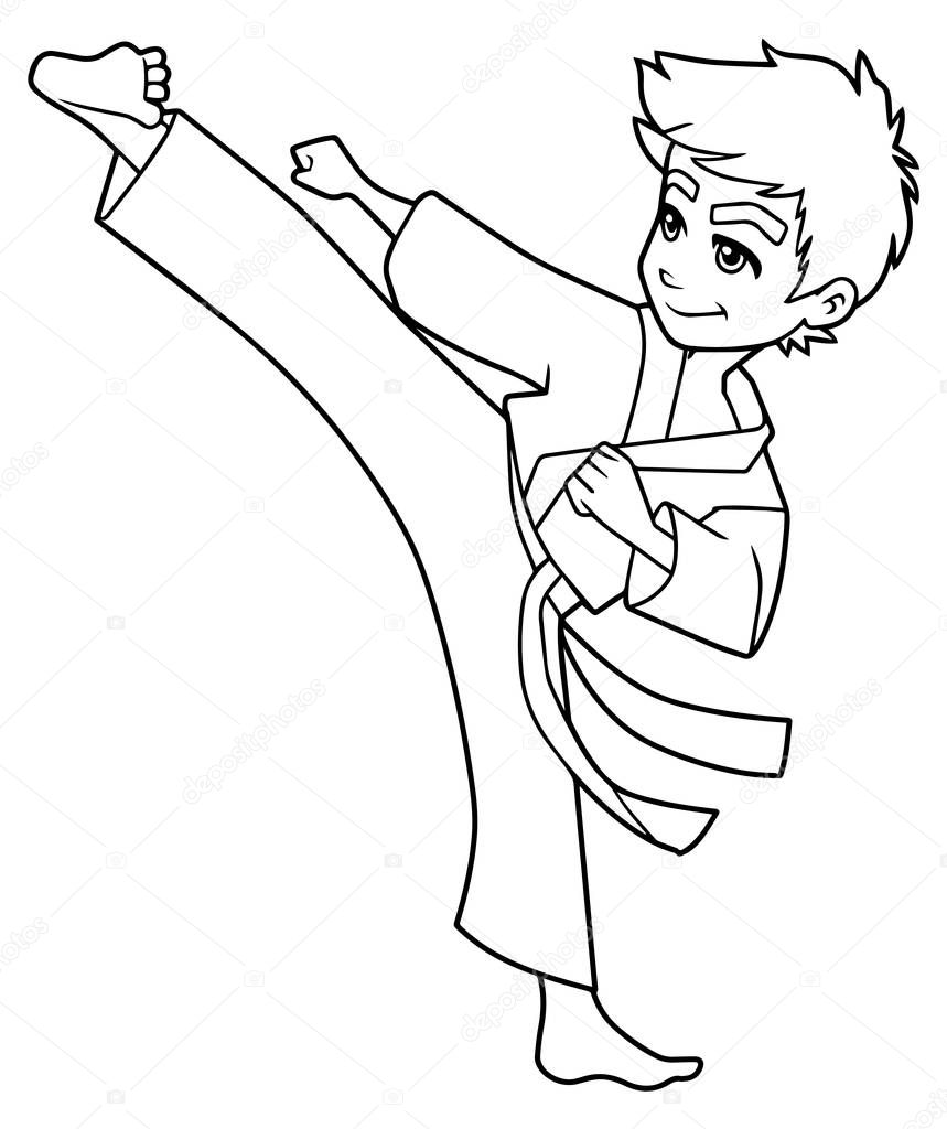 Karate Kick Boy Line Art