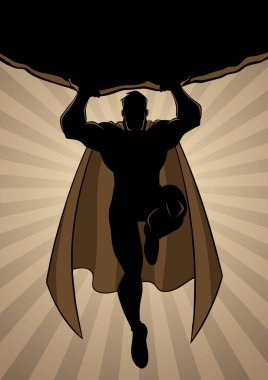 Bir güçlü ve sağlıklı bir ray açık renkli karşı uçan Süper çocuk, tam uzunlukta karikatür çizimi