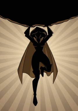 Tehlikeli bir görev sırasında başının üstünde büyük bir kaya holding güçlü ve cesur superheroine önden görünüm siluet çizimi.