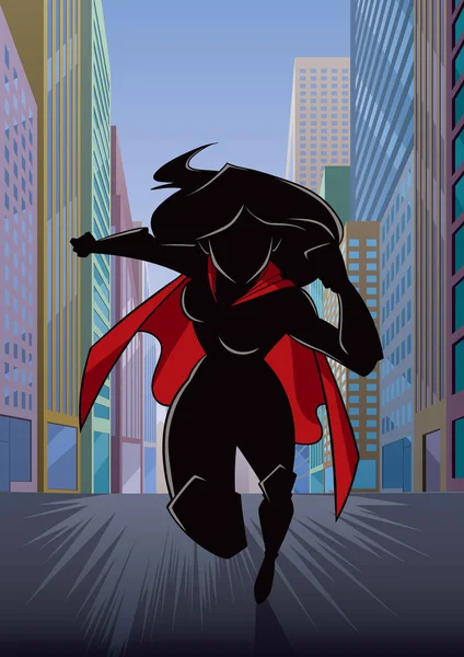 强大的超级女主角在城市街道上快速奔跑的动画片例证 — 图库矢量图片