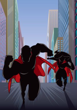 Silhouette illustration of superhero couple running fast through city street, with the hero leading clipart