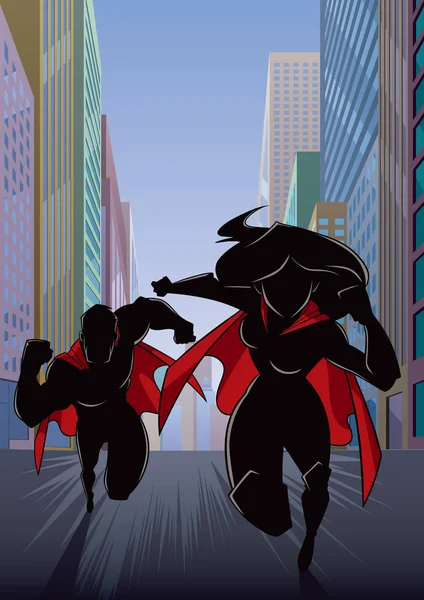 超级英雄夫妇快速跑通过城市街道的漫画剪影例证 与女主角领导 — 图库矢量图片