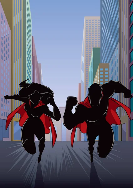超级英雄夫妇在城市街道快速奔跑的剪影例证 — 图库矢量图片