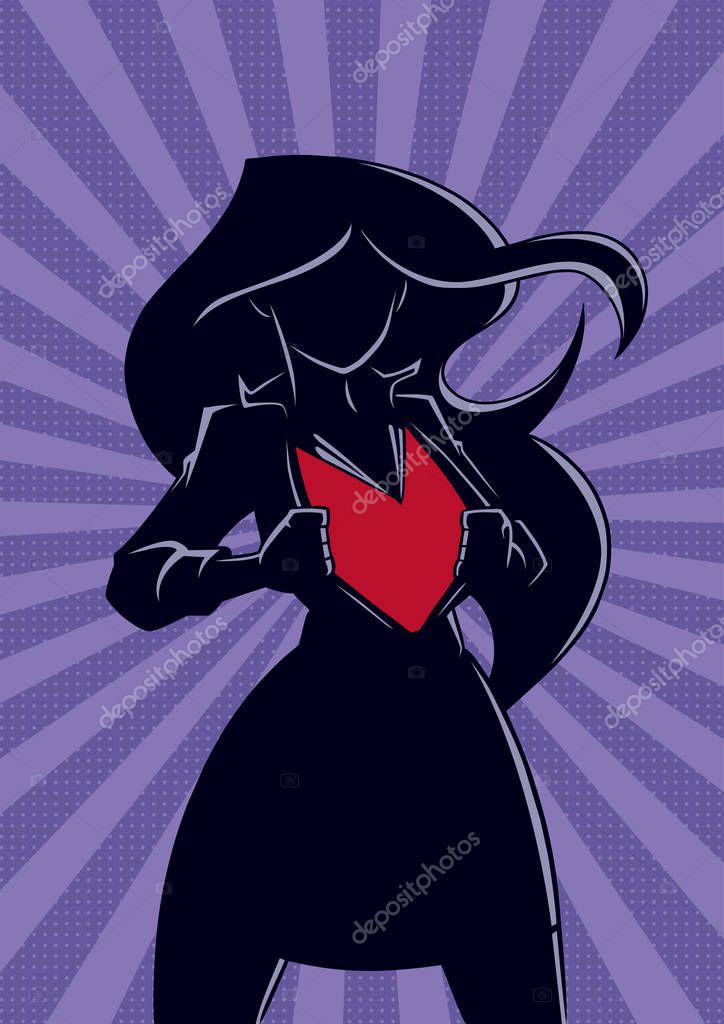Silhouette illustration of businesswoman revealing her true identity of powerful superheroine.