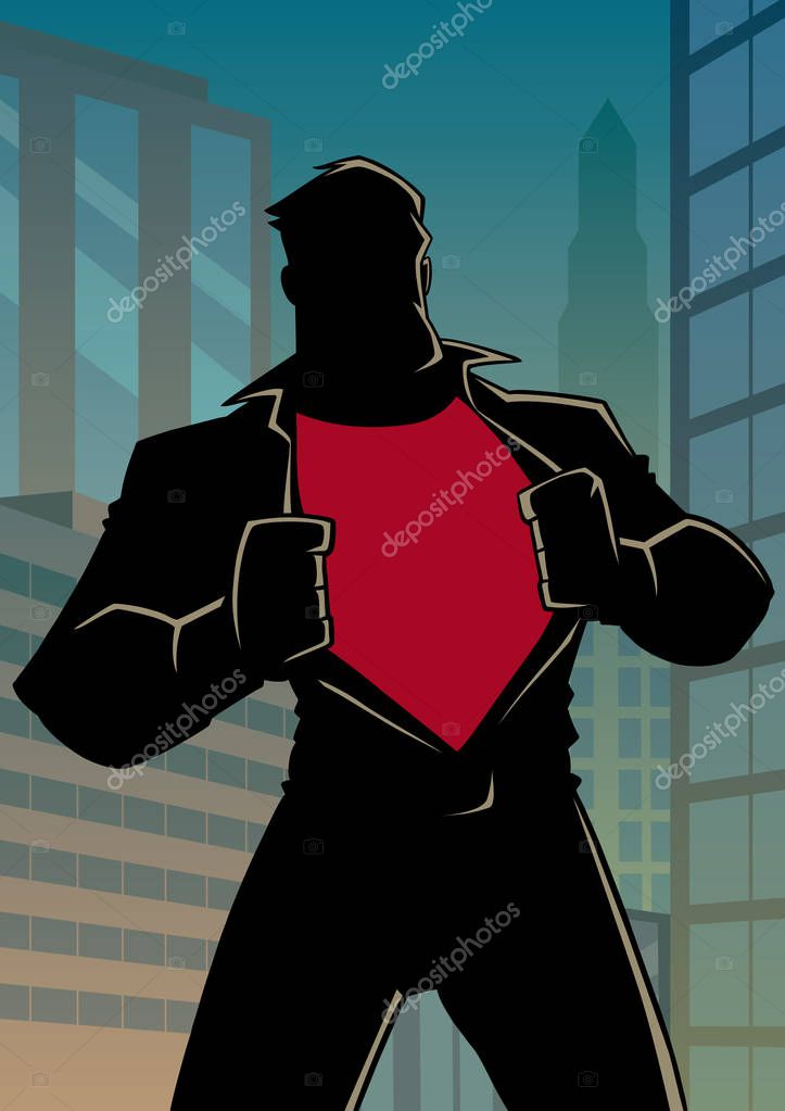 Silhouette illustration of businessman in city, revealing his true identity of powerful superhero.